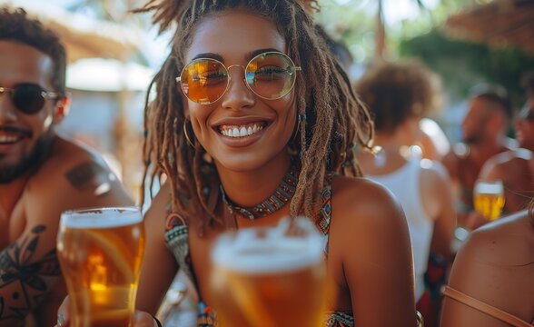 Happy friends are having a party on a rooftop terrace, with a diverse group of young people drinking beer at a brewery pub garden, enjoying the outdoor lifestyle together. - Powered by Adobe