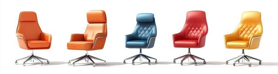 Fototapeta premium Luxurious Modern Leather Office Chairs Collection: Elegant Array of Colorful Executive Seating Isolated on White Background. Stylish Furniture for Professional Workspaces, Home Offices, and Interior D