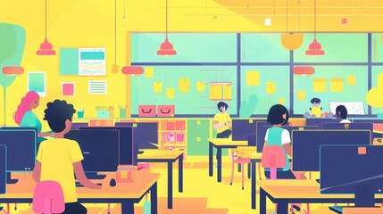 A colorful illustration of a computer lab, students learning coding, and teacher assisting 