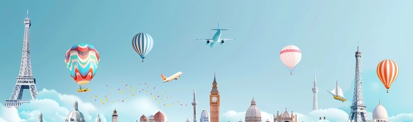 A cartoon vector illustration of famous landmarks from around the world on an isolated background, with balloons and buildings 