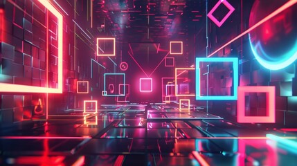 Neon Lights and Geometric Shapes in a Futuristic Corridor