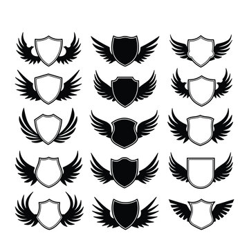 Set of shield with wings vector