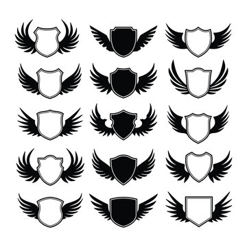 Set of shield with wings vector