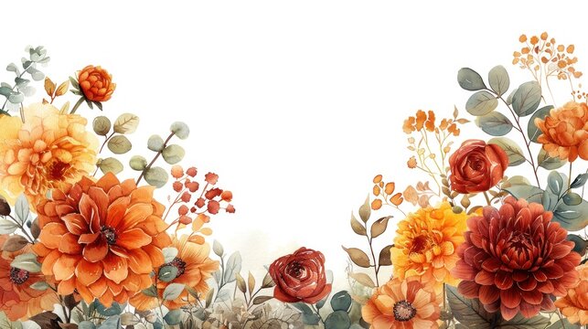 Autumn Floral Corner Border with Dahlia, Rose, and Eucalyptus Leaves - Rustic Wedding Banner Background with Burnt Orange Flowers and Yellow Terracotta Foliage Watercolor Illustration