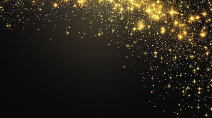 Glittering gold stars on black background, night sky.