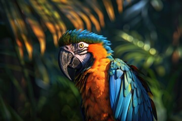 Fototapeta premium Colorful parrot sits atop a tree branch, looking out at the surrounding landscape