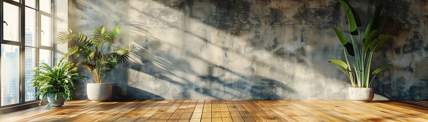 Fototapeta premium Sunlit room with wooden floor, potted plants, and textured wall, creating a serene and natural atmosphere with soft lighting.