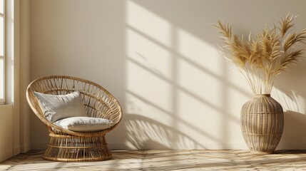 Fototapeta premium A cozy, minimalist living space with a wicker chair and a large vase holding dried pampas grass, illuminated by natural sunlight.
