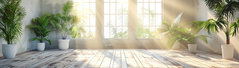 Fototapeta premium Bright, airy room filled with green plants and sunlight streaming through large, white-framed windows, casting shadows on wooden floors.