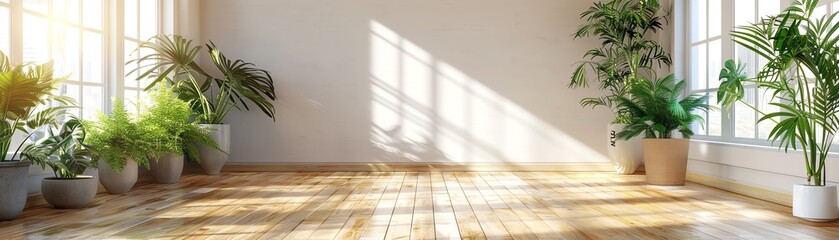 Fototapeta premium Bright and airy room with large windows and potted plants. Sunlight streaming in creating a warm and inviting atmosphere.
