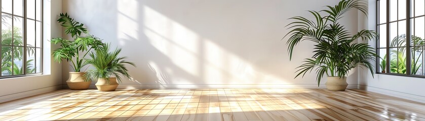 Fototapeta premium Bright empty room with wooden floor, large windows, and green plants. Minimalist interior design with natural light.
