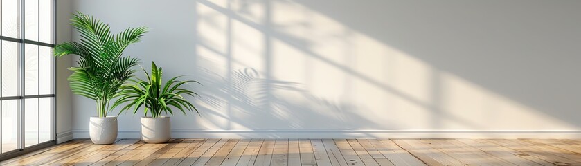 Fototapeta premium Bright minimalistic room with wooden flooring, sunlight streaming through large windows, and two potted plants for a modern aesthetic.