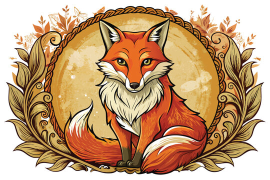 recommend clip art: A red fox in a circular frame with a decorative floral border
