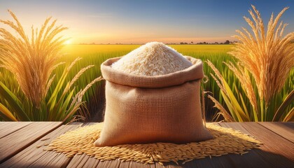 "Harvest Glory: Burlap Sack of Rice Amidst Lush Paddy Fields"