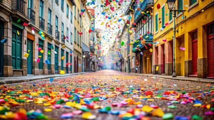 Fototapeta premium Colorful confetti scattered on a carnival street , celebration, festival, party, decoration, colorful, festive, fun, street
