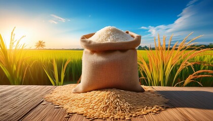 "Harvest Glory: Burlap Sack of Rice Amidst Lush Paddy Fields"