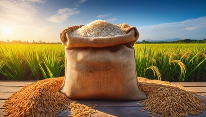 "Harvest Glory: Burlap Sack of Rice Amidst Lush Paddy Fields"