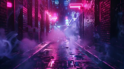 Moody neon-lit alleyway at night with mist and reflections on wet pavement, creating a futuristic cyberpunk atmosphere.