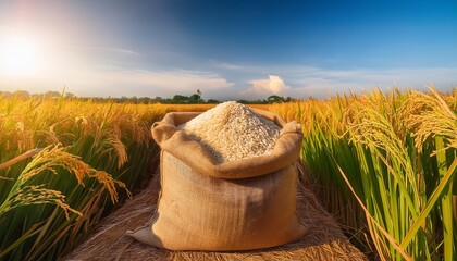 "Harvest Glory: Burlap Sack of Rice Amidst Lush Paddy Fields"