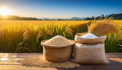 "Harvest Glory: Burlap Sack of Rice Amidst Lush Paddy Fields"