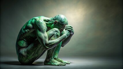 Fototapeta premium Abstract figure in shades of green and gray depicting anguish and despair, Abstract, figure, green, gray, anguish, sorrow