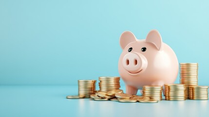 A pink piggy bank stands beside stacks of gold coins on a blue background. The image represents saving money and financial growth.