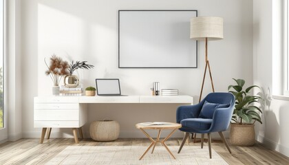 Modern Home Office with Blue Chair and White Desk
