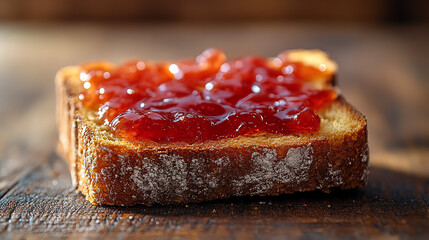 A slice of bread topped with red jelly.

