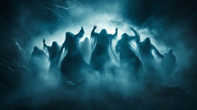 A group of hooded figures move through a misty, dark environment, creating a sense of mystery and suspense.