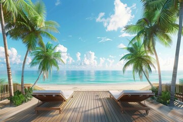 Tropical Paradise: Beachfront Deck with Lounge Chairs