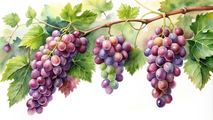 Obraz premium Watercolor of grapes on a vine , watercolor, grapes, fruit, vine, purple, green, natural, botanical, organic, agriculture, fresh