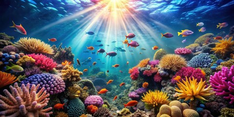 Beautiful underwater scene with colorful coral reefs, schools of fish, and shimmering sunlight filtering through the water