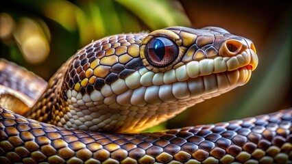 Fototapeta premium Close up of a slithering snake, reptile, scales, wildlife, venomous, dangerous, creepy, pattern, texture, close-up