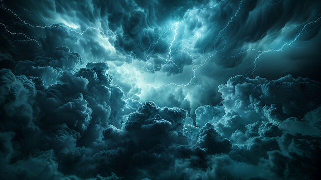 Dramatic thunderstorm clouds illuminated by lightning in a night sky