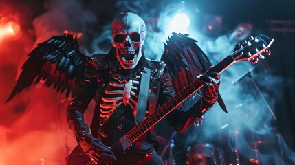 Skeleton guitarist with gothic wings, surrounded by fog and dark lights, death metal, high contrast, photo-realistic