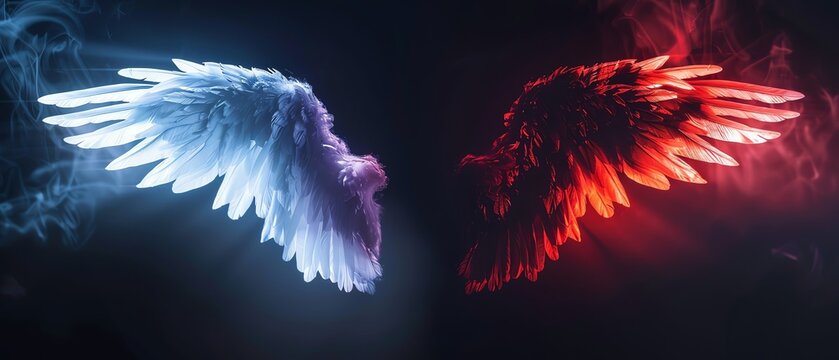 Good versus evil concept, glowing white angel wing contrasting with dark red and black demon wing, heaven and hell, fantasy cinematic style, high detail
