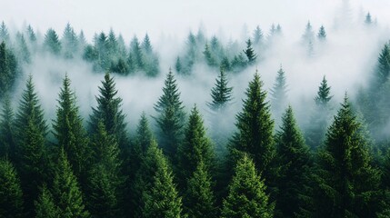 Fototapeta premium Dense Evergreen Forest Covered in Morning Mist