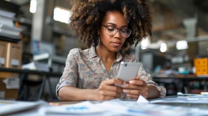 A focused woman with glasses working on a tablet in a modern office setting. Concept of productivity, technology, and concentration.