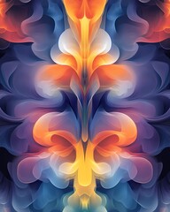Abstract digital art with flowing shapes in blue, orange, and yellow.