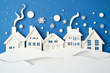 A minimal paper cutout depiction of a cozy snow-covered village under a starry blue night sky.