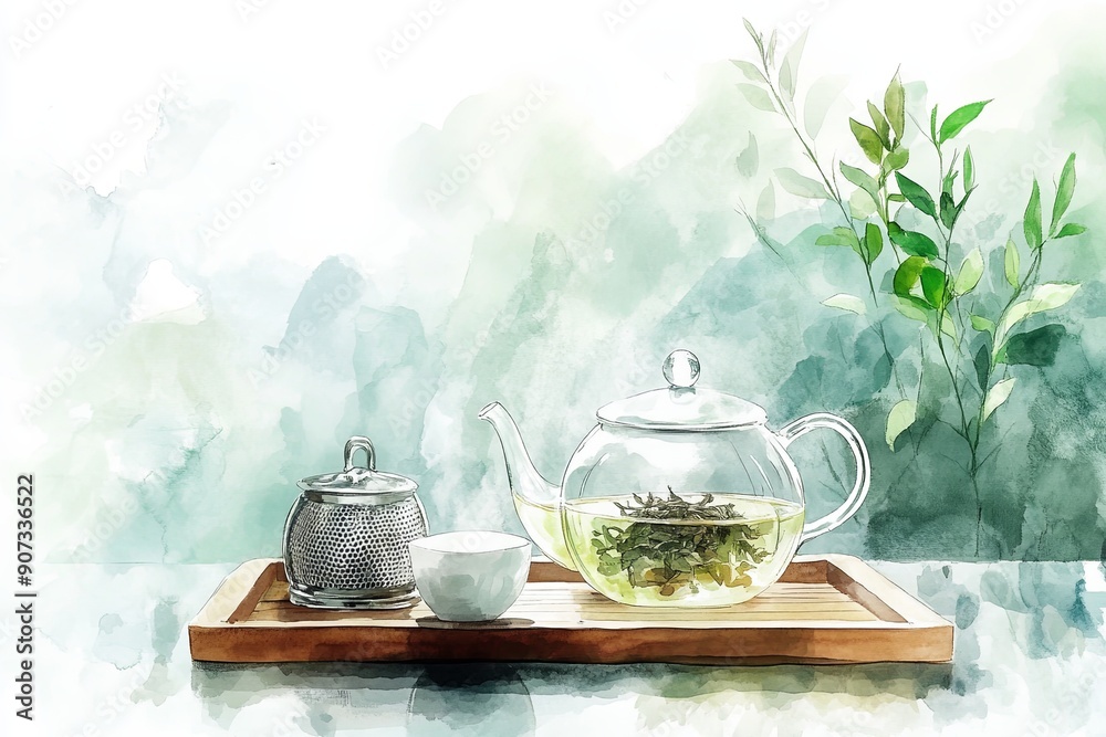 Canvas Prints A watercolor illustration of a tea-making setup with a glass teapot showcasing steeping tea leaves