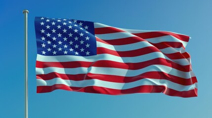Fototapeta premium A beautifully detailed image of the American flag in motion, its fabric flowing smoothly in the gentle breeze against a bright blue sky, embodying national pride.