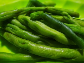 close up of vegan food, Boiled string beans or boiled french beans or string bean relish