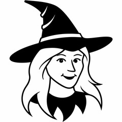 silhouette of a witch with a hat line art vector, halloween witch icon
