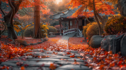 秋の紅葉と日本庭園