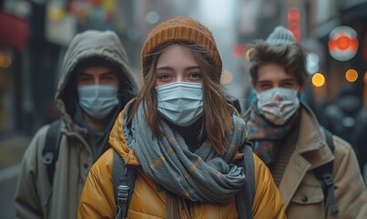 Fototapeta premium Happy friends are walking on a city street, embracing the new normal with young people having fun while wearing face masks.