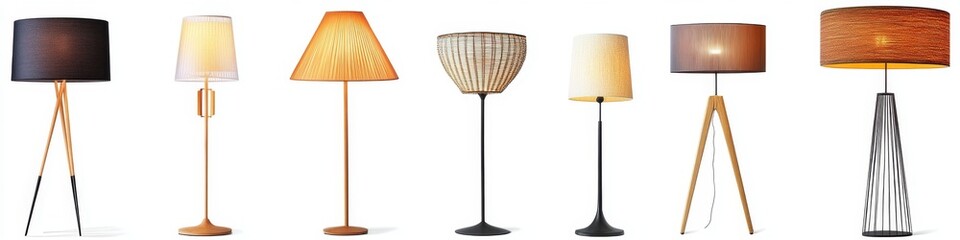 Diverse Collection of Modern Floor Lamps: Stylish Lighting Fixtures Isolated on White Background. Showcasing Contemporary Interior Design, Industrial Aesthetics, and Innovative Home Decor. Perfect for