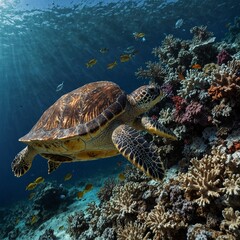 A turtle on the beautiful seabed swims freely