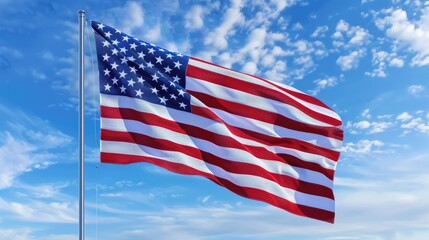 Fototapeta premium A dramatic capture of the American flag, its colors vivid and striking, with a brilliant blue sky providing a simple yet powerful backdrop.