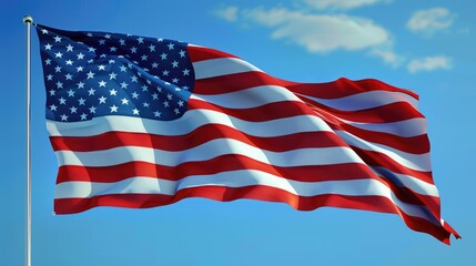 Obraz premium A powerful image of the American flag, its fabric rippling smoothly in the wind against a pristine blue sky, symbolizing national pride and resilience.